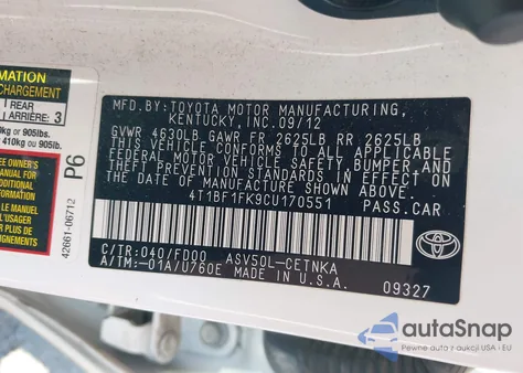 2012 Toyota Camry Le z USA, uszkodzony, nr VIN 4T1BF1FK9CU170551